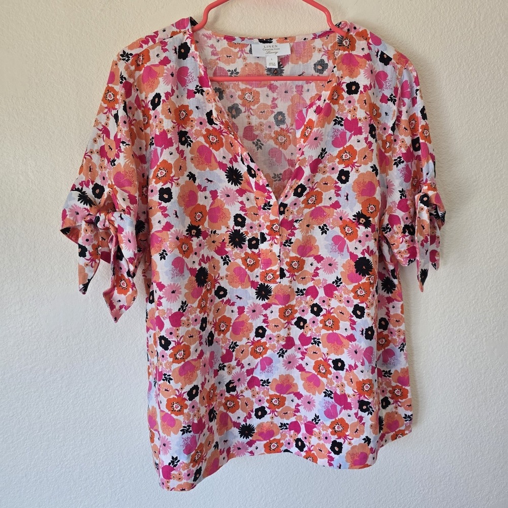 Charter Club Luxury 100% Linen Short Tie-Sleeve Split-V Neck Floral Top Sz Large